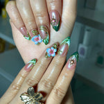 3D Floral Press On Nails | Green Leaf Pink Chrome Nails | Handmade Flower Nail Art | Elegant Spring Nails | Luxury Almond Nails | JC355NC