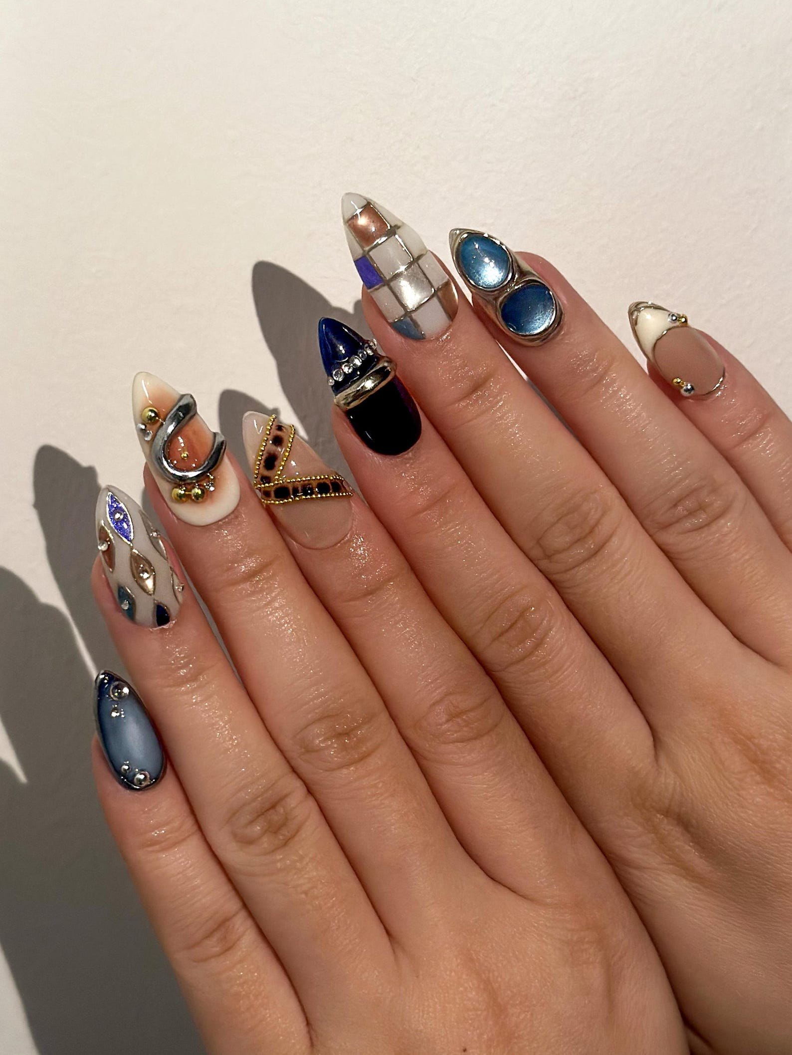 Luxury Blue Silver Press On Nails | Nude Gilded Ring Nail Art | Nude & Steel Statement Nails | High Fashion Almond Nails | JB1023EC
