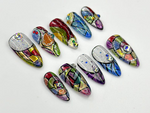 Stained Glass Fantasy Press On Nails | Hand-Painted Mosaic Nail Art | Sparkly Abstract Rainbow Design | Festival Boho Press On Set | JC786HC