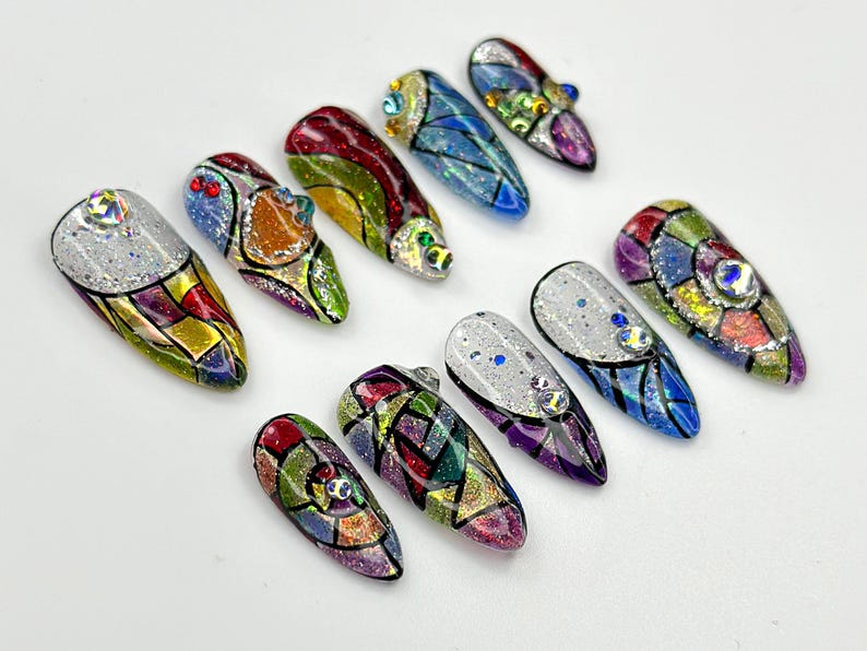 Stained Glass Fantasy Press On Nails | Hand-Painted Mosaic Nail Art | Sparkly Abstract Rainbow Design | Festival Boho Press On Set | JC786HC