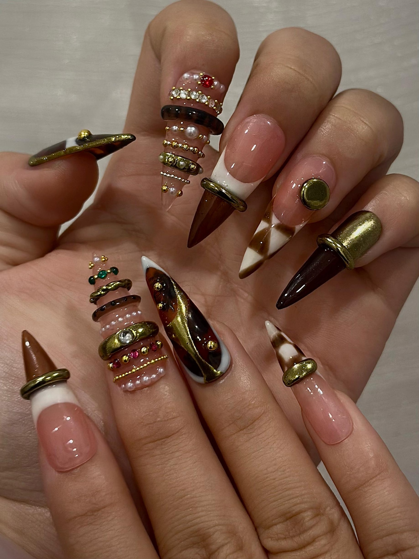 Brown Gold Luxe Press On Nails | Sculptural Ring Nail Art | Luxury Jewelry Inspired Nails | High Fashion Press Ons | Luxury Nail | JB262HK