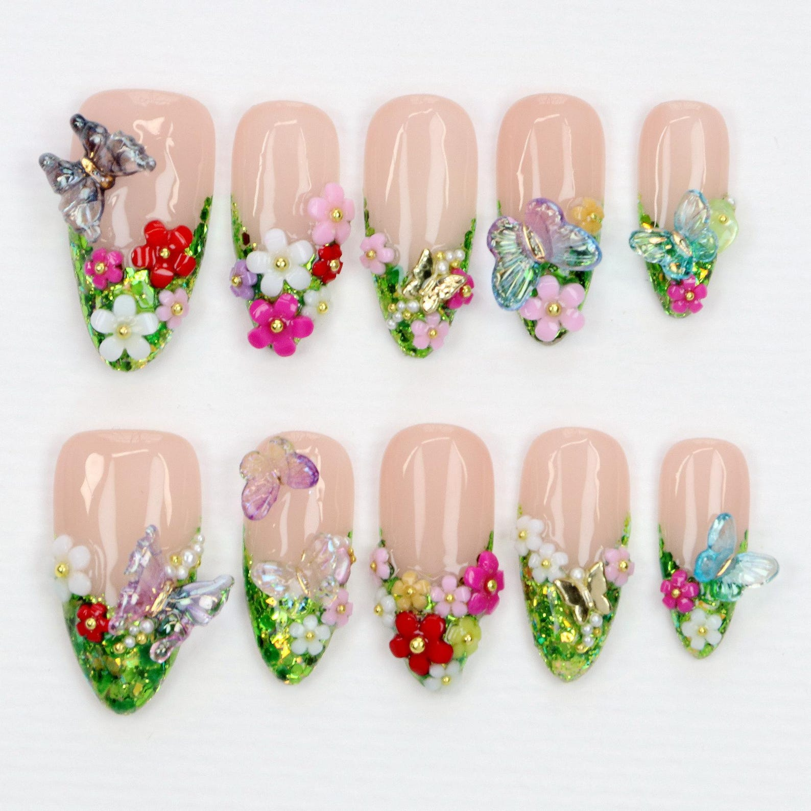 Green Glitter Press On Nails | Handcrafted Freestyle Forest-Inspired Secret Garden Nails | Custom 3D Butterfly Floral Fake Nails Art | Y2K Gifts