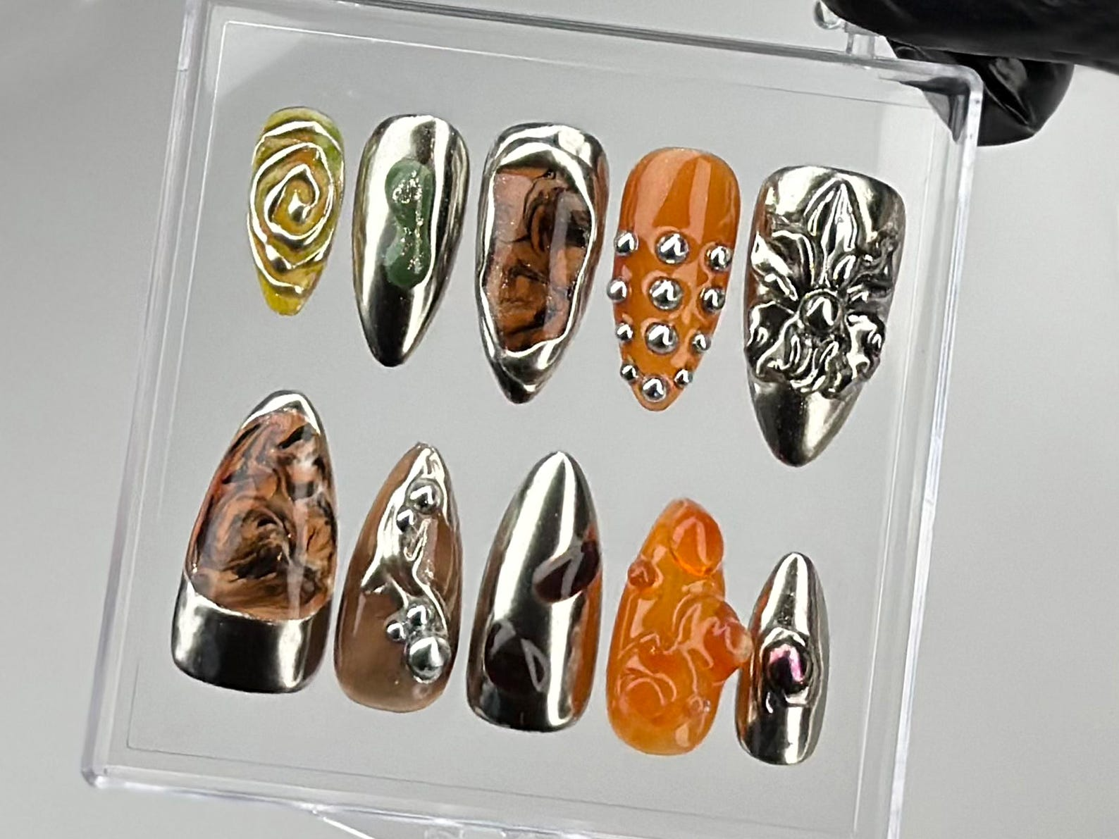 Glam Gothic Chrome Press On Nails | Edgy Metallic Fake Nails | Silver Metallic & Marble Nail Art | Gothic, Y2K Inspired Press Ons | HC686YK