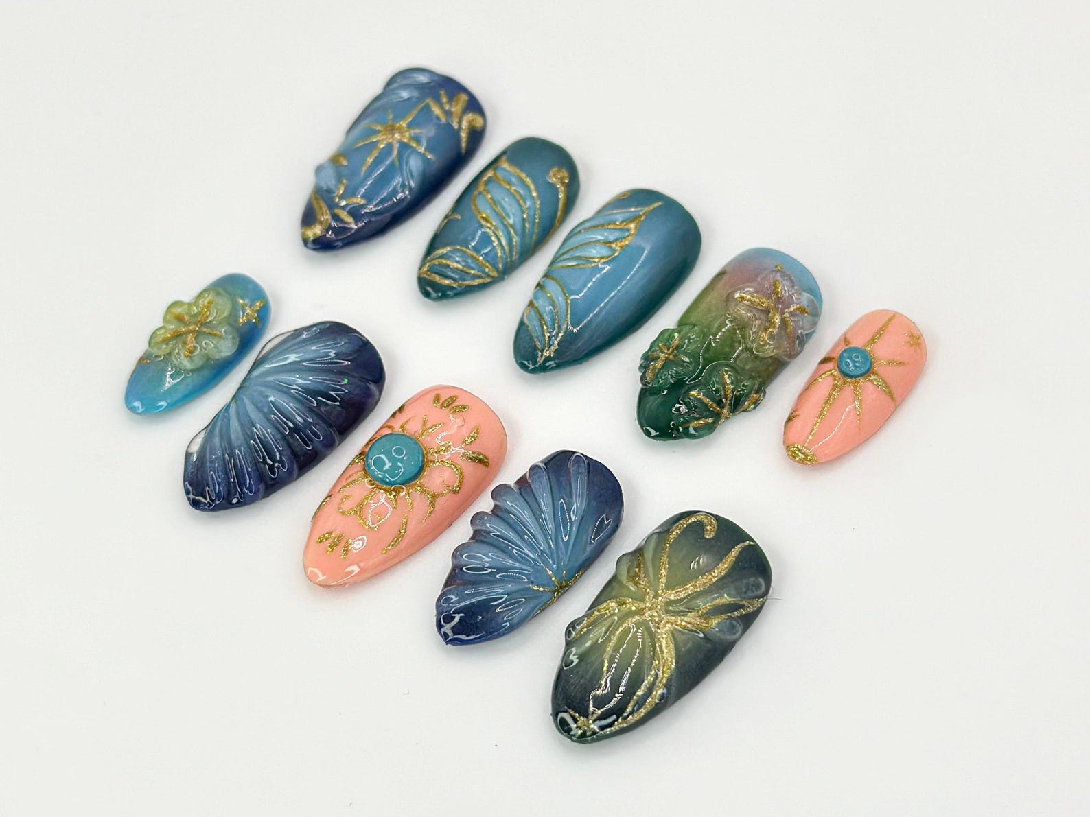 Elegant Chic Butterfly Press On Nails | Celestial Nail with Gold and Blue Accents| Blue and Gold Butterfly Nail Art with 3D Details |JC642HK