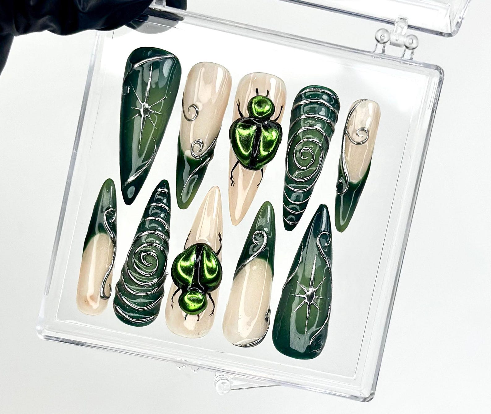 Gothic Green Press On Nails | Spider Web Nail Art | Dark Forest Vibes | Beetle 3D Design | Forest & Spider Web Details | HC963E