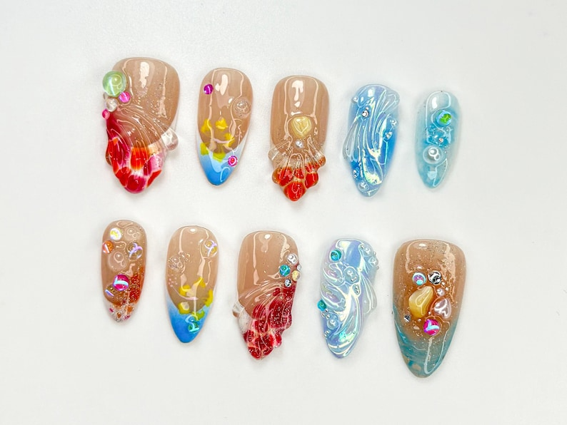 Ocean Flame Fantasy Press On Nails | 3D Water & Fire Nail Art | Handmade Glossy Beach-Inspired Nails for Summer| Vacation Nail Art| JC769HC