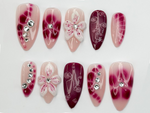 Hand Painted Press On Nails | Floral Accent Nails |3D Flowers - Rhinestone Accents| Perfect for Special Occasions|JB740LK