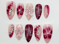 Hand Painted Press On Nails | Floral Accent Nails |3D Flowers - Rhinestone Accents| Perfect for Special Occasions|JB740LK