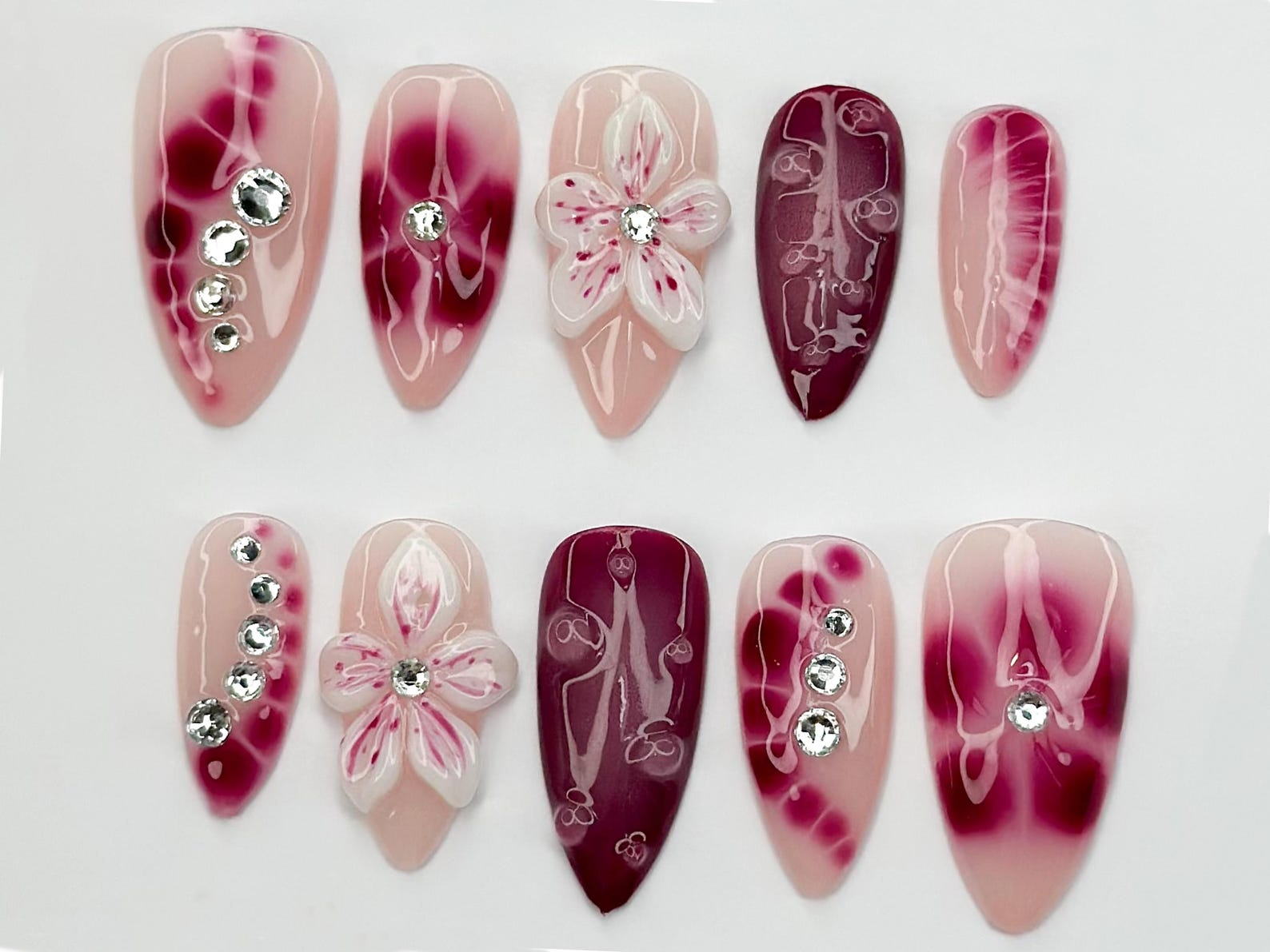Hand Painted Press On Nails | Floral Accent Nails |3D Flowers - Rhinestone Accents| Perfect for Special Occasions|JB740LK