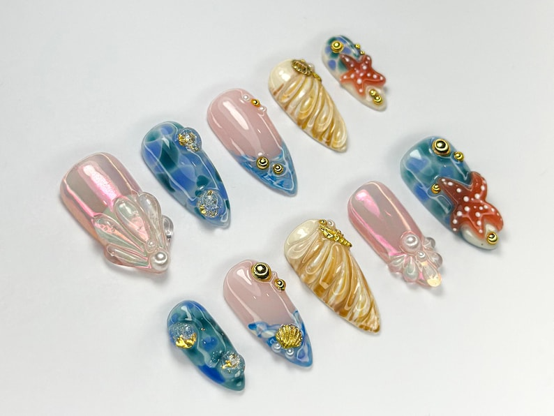 Summer Beach Vibe Press On Nails | Handmade Shell and Starfish Nails | Elegant Sea-Inspired Nail Set | Beach Summer Vibes | JC757H