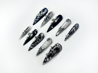 Gothic Cross Elegance Press On Nails | Black & Silver 3D Nail Art | Intricate Crosses And Pearls | Dark Gothic Fantasy Nails |HB1045EP