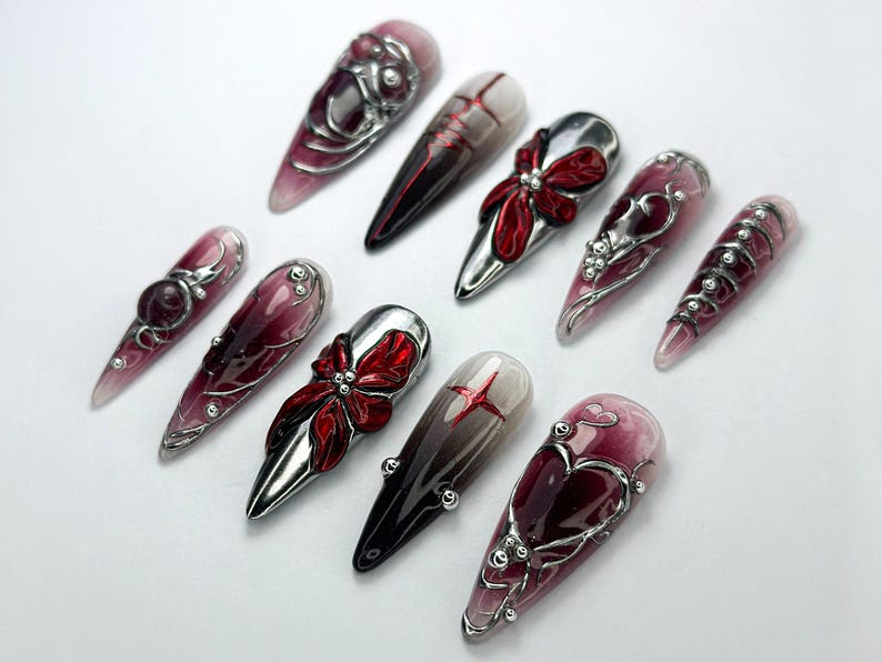 Gothic Blood Red Press-On Nails | Edgy Black And Red Press-Ons | Gothic Press-On Set | Cyberpunk & Gothic Nails | JB726HC