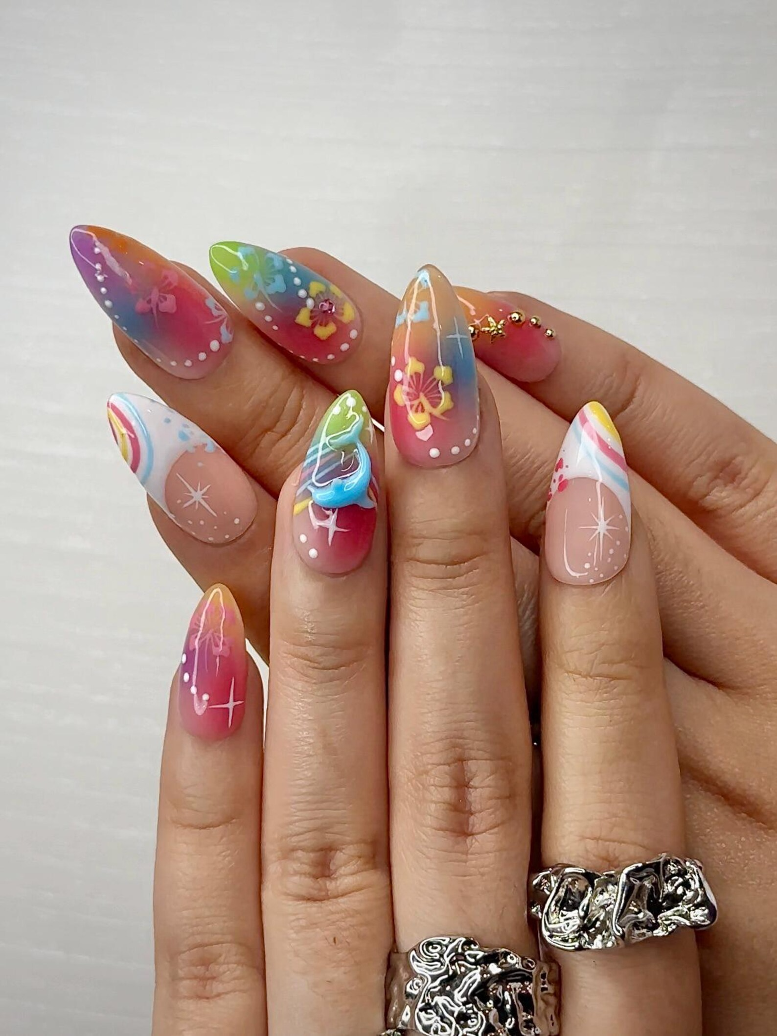 Midnight Sun Press On Nails for Y2K Lovers | Sunset Ombre Rainbow Nails with 3D Floral Art | 90s Nail Design | Artistic Press Ons | JB290HC