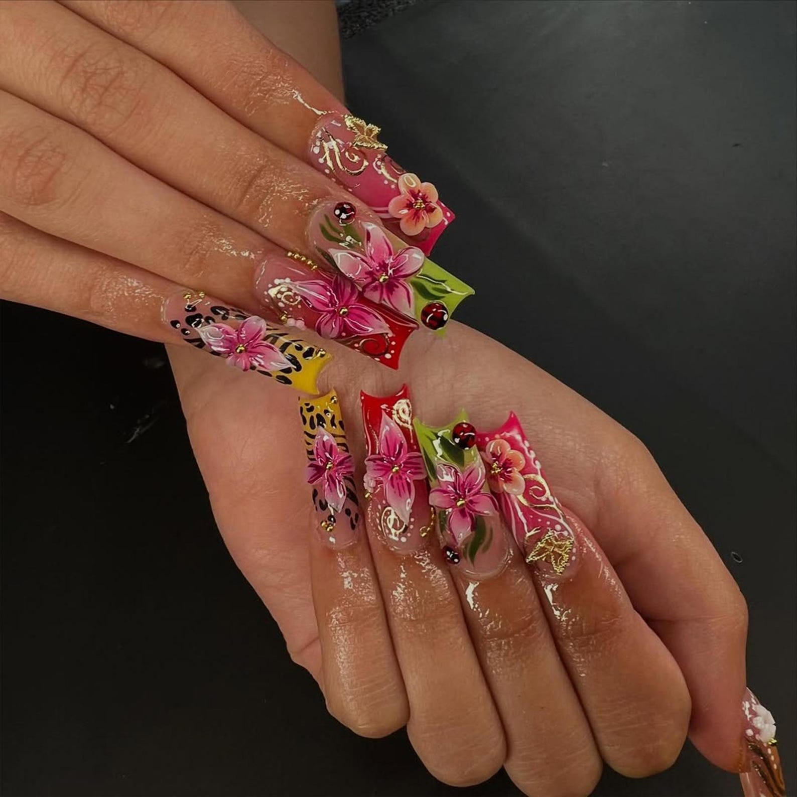 Tropical Floral Press On Nails | 3D Tropical Flowers Nail Art | Vibrant Ladybug Design Fake Nails | Bold Tropical Kawaii Nails | JB893HC