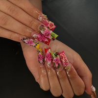 Tropical Floral Press On Nails | 3D Tropical Flowers Nail Art | Vibrant Ladybug Design Fake Nails | Bold Tropical Kawaii Nails | JB893HC