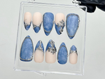 Silver Trim Denim Press On Nails | Blue Jean Fake Nails | Cowgirl Style Nail Art | Western Denim Press Ons | Textured Denim Nails | HB926YC