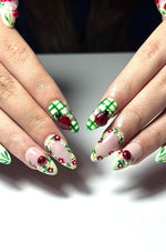 Cottagecore Daisy Ladybug Nails | Spring Gingham Press On Nails | Cute Picnic Nail Art | Green and White Nails | Floral Fake Nails| HC1317IC