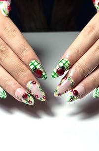 Cottagecore Daisy Ladybug Nails | Spring Gingham Press On Nails | Cute Picnic Nail Art | Green and White Nails | Floral Fake Nails| HC1317IC