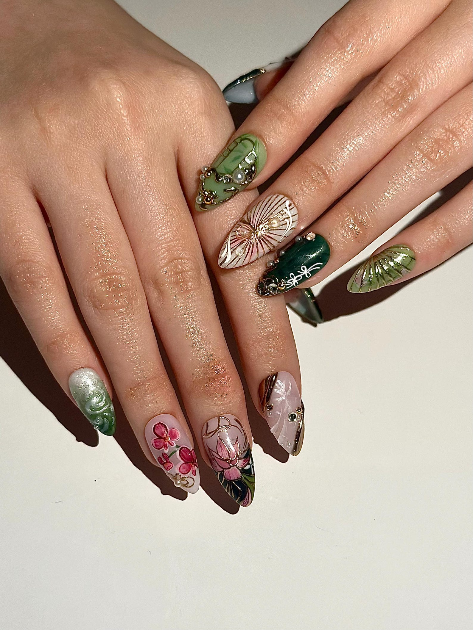 Asian Inspired Luxury Press On Nails | Jade Green Gold Floral Nails | Handpainted Pagoda Nail Art | Elegant Statement Press Ons | JB309HC
