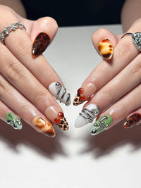 2026 Trend: Biomorphic Amber & Moss Nails | Tortoiseshell Cyber-Grunge Press Ons | Liquid Metal Silver Art | Earth-Tone Future Nails|JB363IC