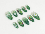 Nature Koi Fish Press On Nails | Realistic Pond & Fish Nail Design | Natural Landscape Nail Art | Custom Hand-Painted Green Nails | JB669HC