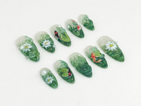 Nature Koi Fish Press On Nails | Realistic Pond & Fish Nail Design | Natural Landscape Nail Art | Custom Hand-Painted Green Nails | JB669HC