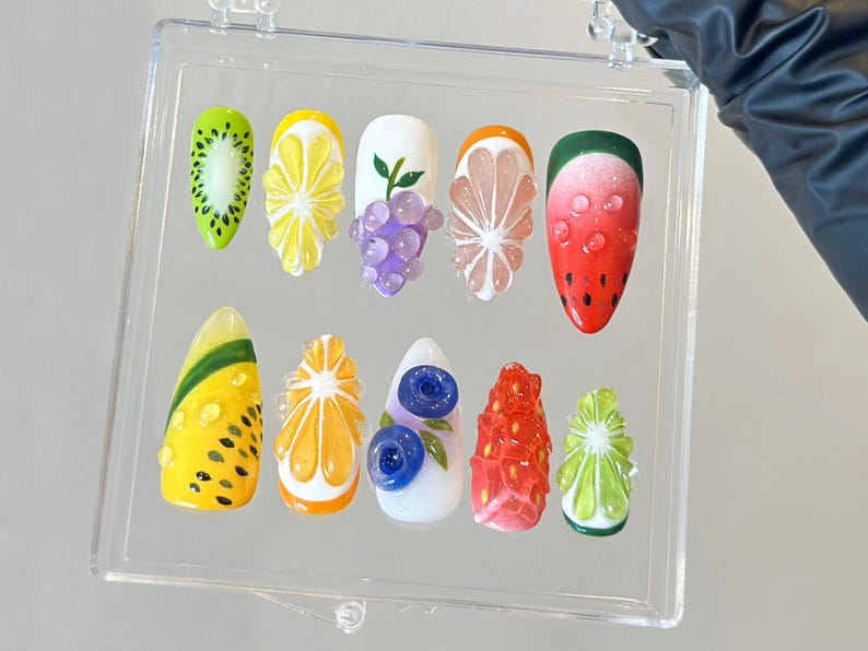 3D Tropical Fruit Press On Nails | Lemon Grape Watermelon Nail Art | Colorful 3D Press Ons | Unique Summer Fake nails |Kawaii Nails |HB947YC