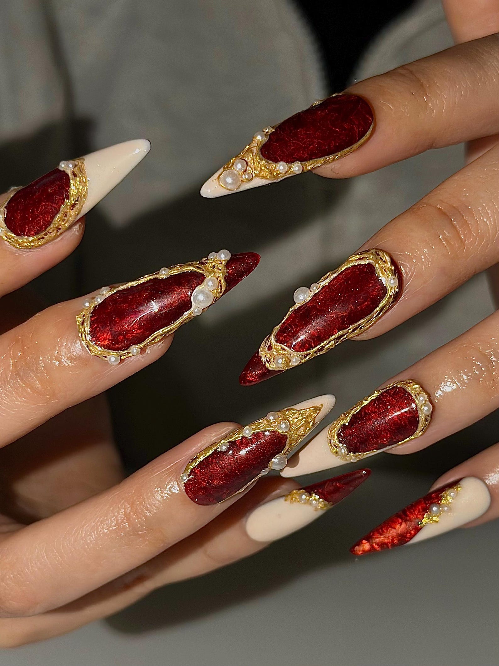 Red Chrome Luxury Press On Nails | Gold Frame Pearl Nail Art | Elegant Burgundy Stiletto Nails | Baroque Glam Nail Design | HC1305HC