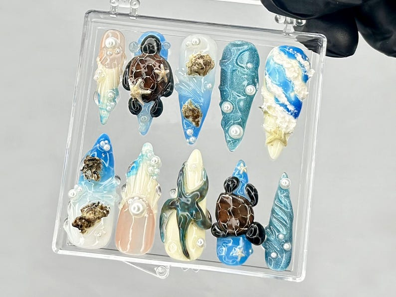 Under the Sea Press On Nails | Sea Turtle 3D Nail Art | Beach Theme Press Ons | Mermaid Core Fake nails | Blue Beach Vibes Nails | HB948YC