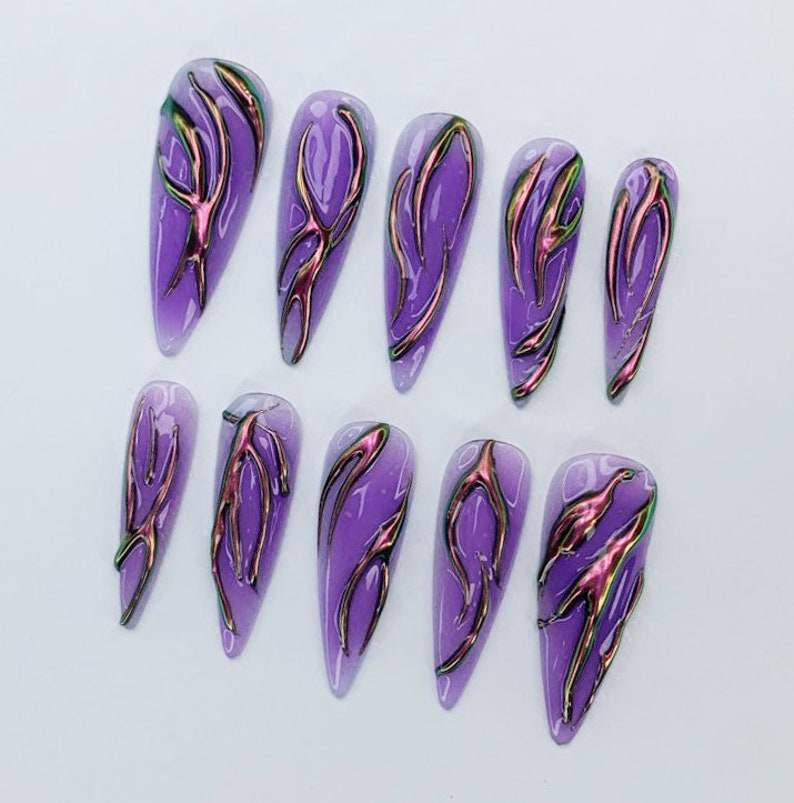 Purple Chrome Flame Press-On Nails | Long Stiletto Shape | Halloween Party Nails |Custom Hand-Painted Nails | Gothic Nail Art |Nails|JC478DK