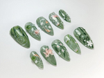 Green Forest Koi Press-On Nails | Handmade Koi Fish Nail Set | Green Floral & Marble Press-Ons | Glossy Press-On Nail Set | JB723HK