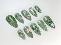Green Forest Koi Press-On Nails | Handmade Koi Fish Nail Set | Green Floral & Marble Press-Ons | Glossy Press-On Nail Set | JB723HK