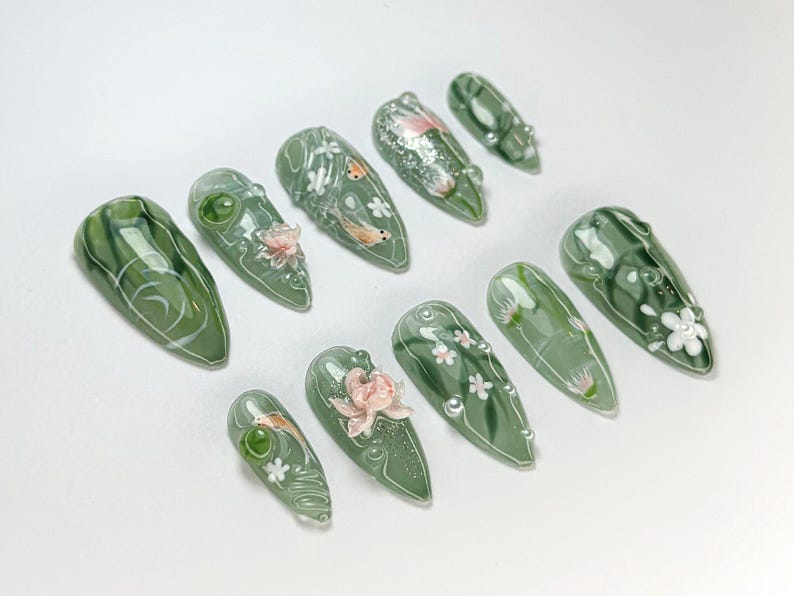 Green Forest Koi Press-On Nails | Handmade Koi Fish Nail Set | Green Floral & Marble Press-Ons | Glossy Press-On Nail Set | JB723HK
