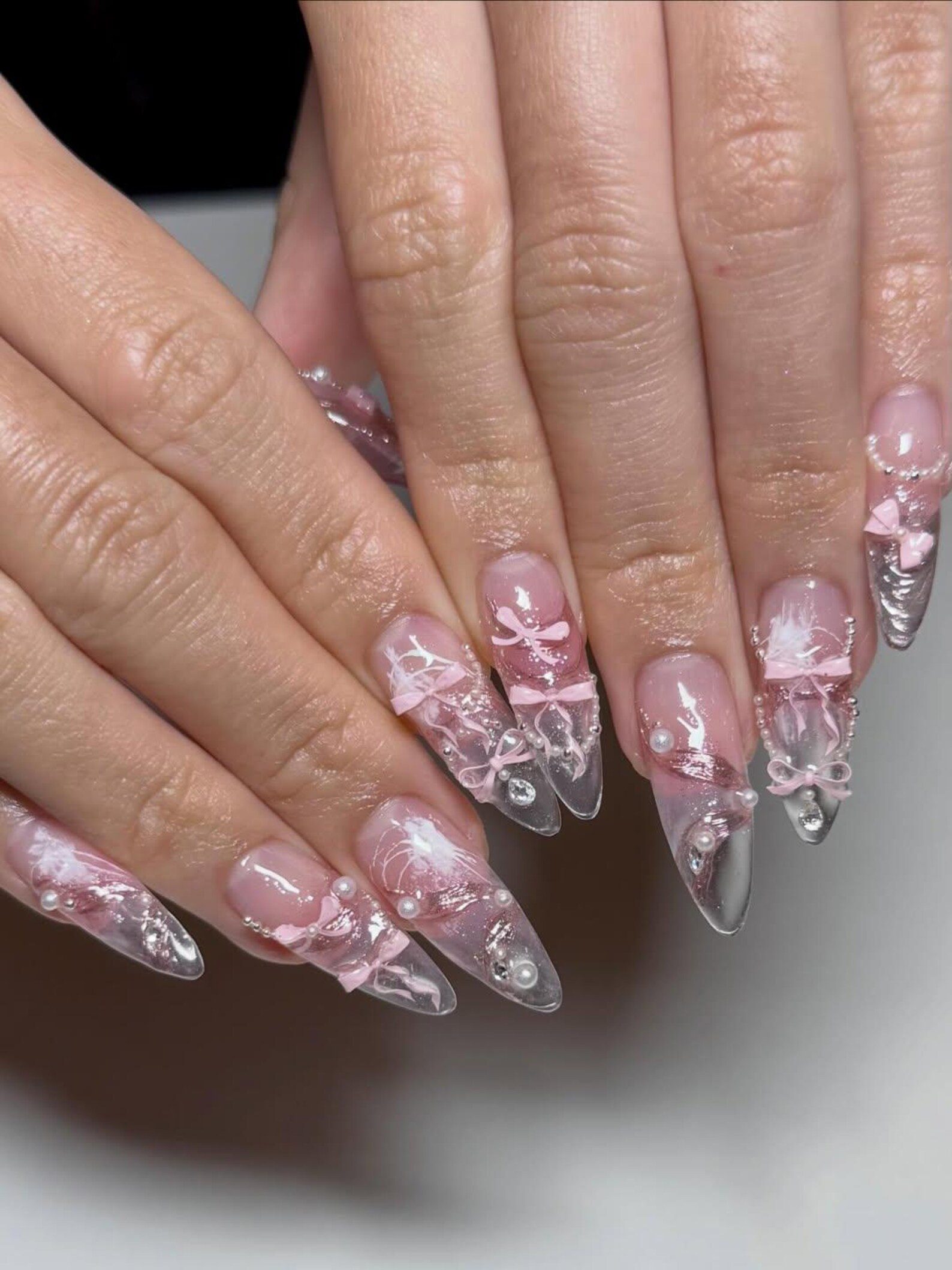 Pink Ballerina Press On Nails for Girls ?M?Soft Blush Ombre Stiletto Nails with Pearls & Ribbons, Handmade Coquette Balletcore Inspired Press On Nail Set, Luxury Princess Nails | JB291HC