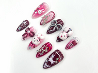 Gothic Bunny Dream Press On Nails | Red And Pink Festive Nail Art | 3D Bunny & Bow Charms | Starry Holiday Glam Nails | HB1177BC