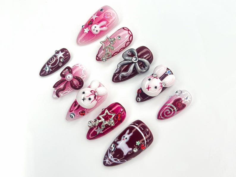 Gothic Bunny Dream Press On Nails | Red And Pink Festive Nail Art | 3D Bunny & Bow Charms | Starry Holiday Glam Nails | HB1177BC