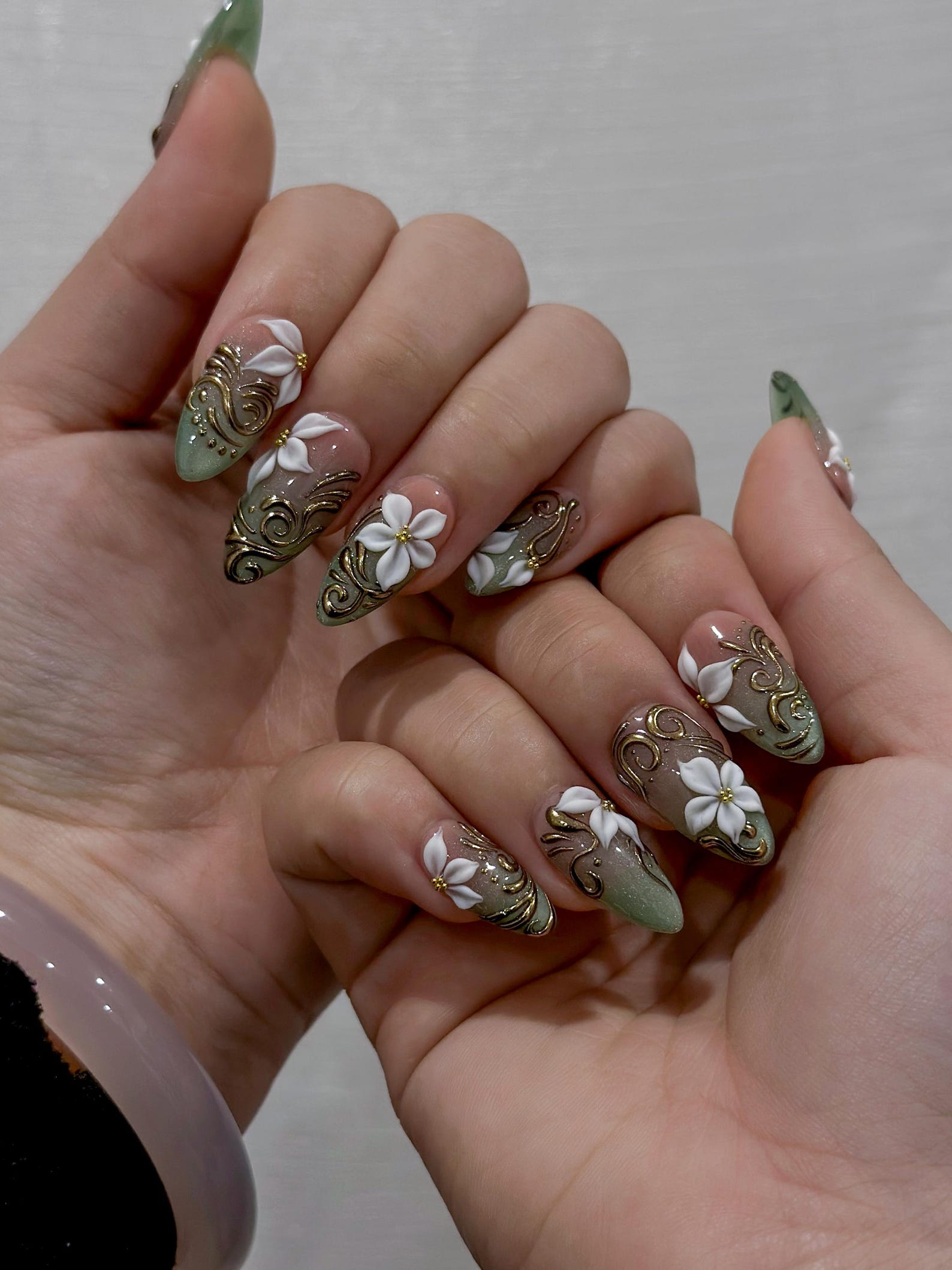 3D White Blossom Gold Press On Nails | Nude Green Luxury Stiletto Nails | Handmade Elegant Nail Art | Classic Luxury Press Ons | JB301EC
