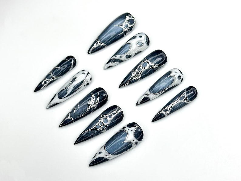 Winter Galaxy Press On Nails | Black & Silver Metallic Nail Art | Space-Inspired Chrome Design | Gothic Celestial Nails | HC1166BK