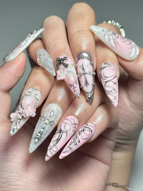 3D Pink Gothic Cyber Nails | Silver Chrome Cross Press Ons | Ethereal Grunge Liquid Metal Nails | Y2K Punk Butterfly Press Ons | JB362IC