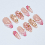 Blush Bloom Elegance Press On Nails with 3D Floral Accents| Gold Details & Pink Ombre| Suitable for Wedding| Events or Gift for Her