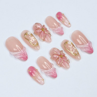 Blush Bloom Elegance Press On Nails with 3D Floral Accents| Gold Details & Pink Ombre| Suitable for Wedding| Events or Gift for Her