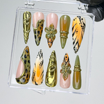 Jungle Safari Glam Press On Nails | Gold 3D Embellished Leopard Fake Nails | Olive & Mustard Animal Print Nail Art | Exotic Nails | HB733YK