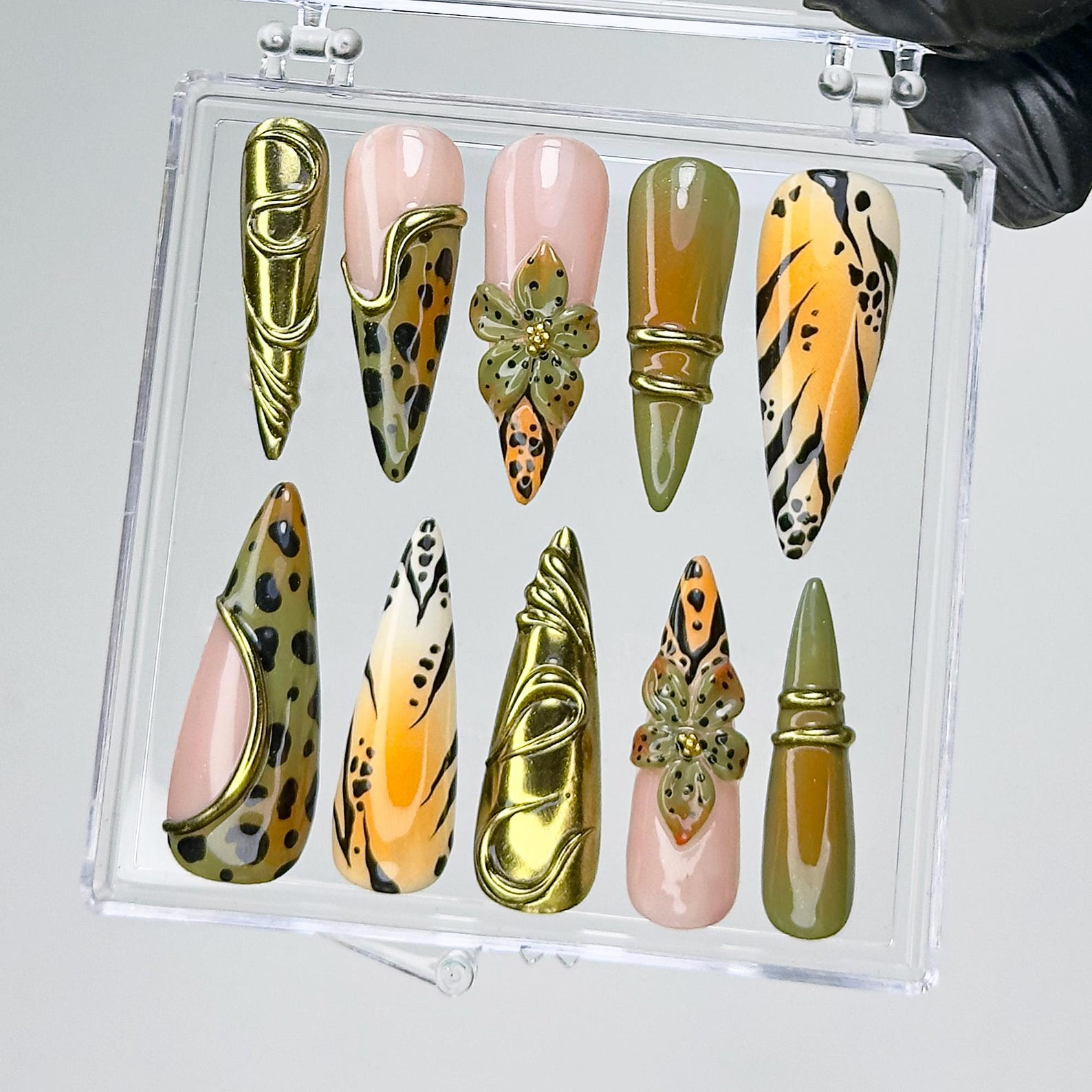 Jungle Safari Glam Press On Nails | Gold 3D Embellished Leopard Fake Nails | Olive & Mustard Animal Print Nail Art | Exotic Nails | HB733YK
