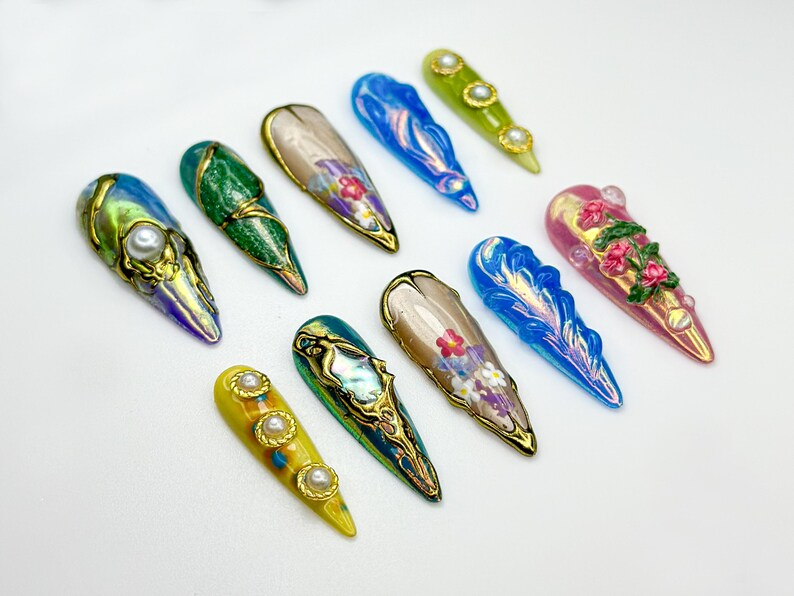 Floral Chrome Press On Nails | Mixed Pearl 3D Art Nails | Sculpted Nature-Inspired | Holographic Garden Press Ons | Artistic Nail | JB856HK