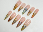 Gold Foil Floral Press On Nails | Vintage Garden Nails | Nude Gradient Floral Nails | Long Press On Nails | Botanical Press Ons | JC773HC