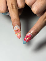 Pastel Ocean Press On Nails with 3D Flower and Seashell | Tropical Beach Nails in Almond Shape | Summer Vacation Nails for Holiday| HC1311NC