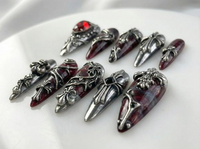 Gothic Blood Cross Press On Nails | Dark Red Medieval Nails | Silver Armor Nail Art | Gothic Cross Statement Nails | JB265EK