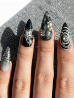 Gothic Black Cat Galaxy Press On Nails for Bold Girls | Handmade Silver Star Fake Nails | Dark Smoky Crystal Nail Art | JB286E