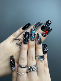 Gothic Black Press On Nails | Dark Silver Nail Art with Red Stones | Handmade Luxury Nails | Statement Gift for Her | HB1255GC