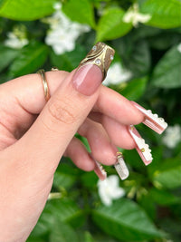 Royal Balletcore Press On Nails | Luxury Pearl Bow Fake Nails | Handpainted Gold French Tip Nails |Elegant Bridal Nails Reusable | JB343IC